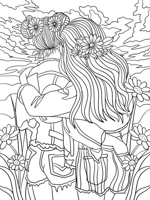 Coloring Page of Two Girls Hugging