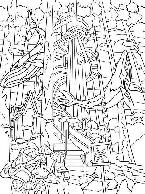 Fantasy Forest Tree - House Coloring Page