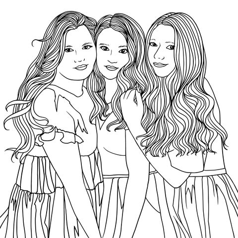 Coloring Page of Three Sisters Hugging Affectionately