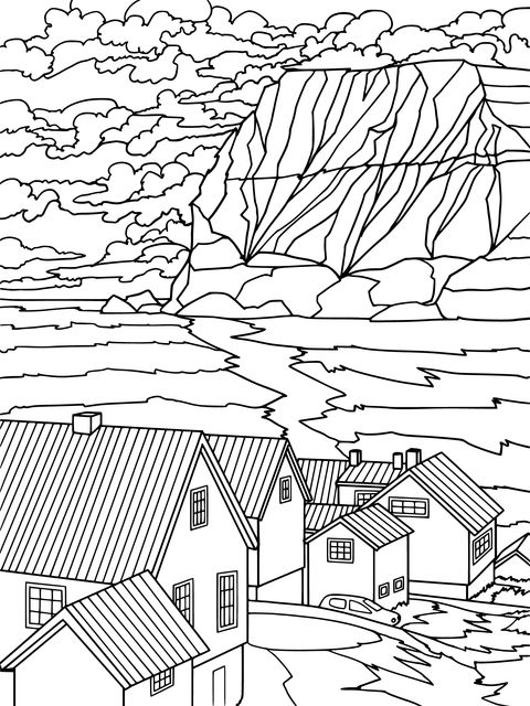 Seaside Village Landscape Coloring Page