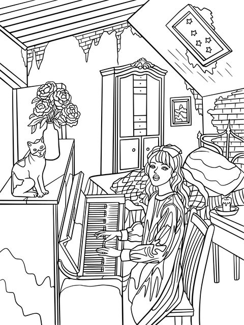 Coloring Page of a Girl Playing the Piano