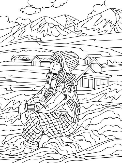 Página de Colorear de una Chica en un Paisaje de Nieve de Invierno