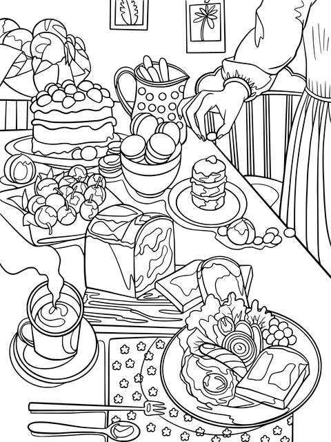 Coloring Page of a Bountiful Breakfast and Desserts