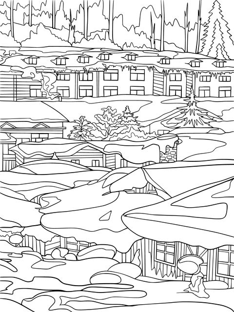 Winter Village Snow Scene Coloring Page