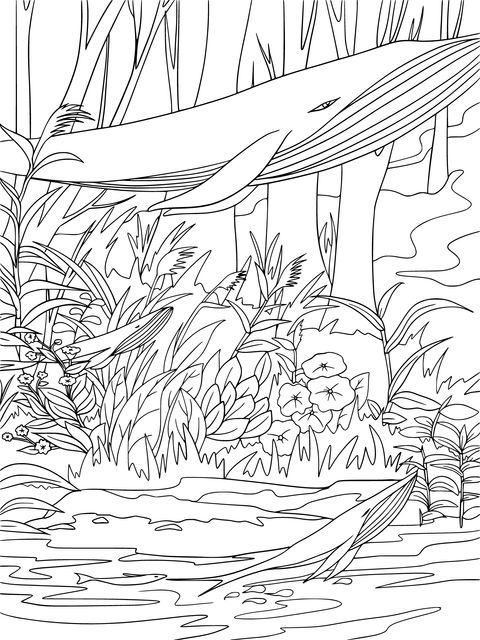 Whale in Magical Forest Coloring Page