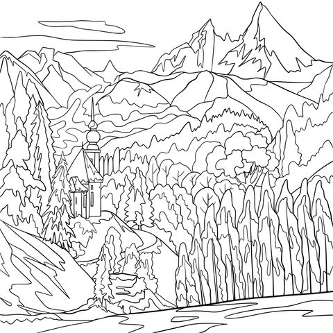 Red Castle in Snow - Capped Mountains and Forest Coloring Page