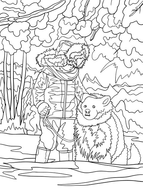 Coloring Page of a Person and a Dog in the Snow