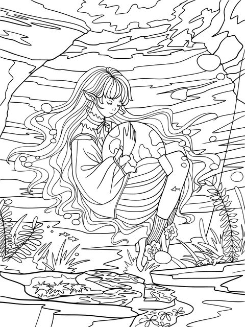 Elf Girl Hugging the Earth Under the Sea Coloring Page