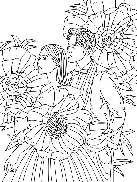 Página para colorear temática floral de pareja romántica