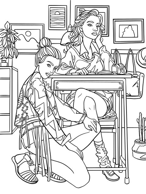 Fashionable Girls Scene Coloring Page