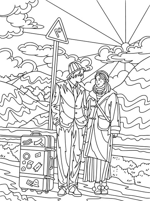 Couple Travel Coloring Page Illustration