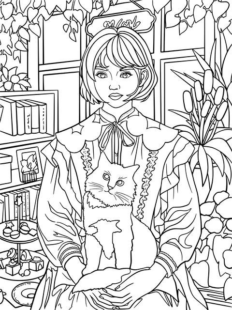 Coloring Page of a Girl and a Cat