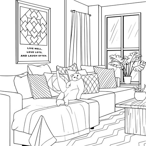 Cozy Living - room Cat Coloring Page