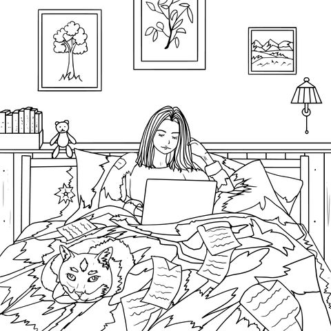 Coloring Page of a Girl Using a Laptop in Bed