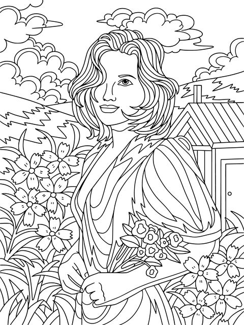 Coloring Page of a Woman Holding a Bouquet in a Scenic Landscape