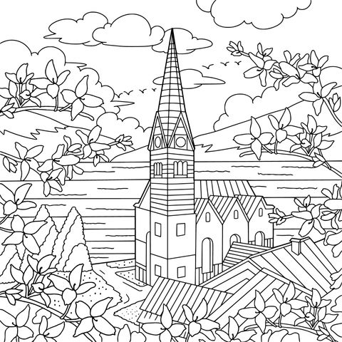 Lake - side Church Scenery Coloring Page