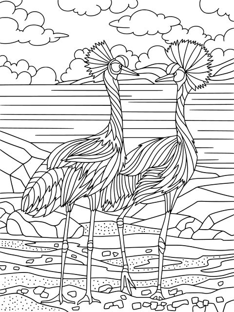 Coloring Page of Two Cranes by the Sea