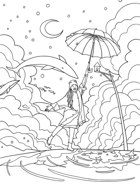 Dreamy Rainy Night Coloring Page: A Magical Scene of a Girl and Dolphins