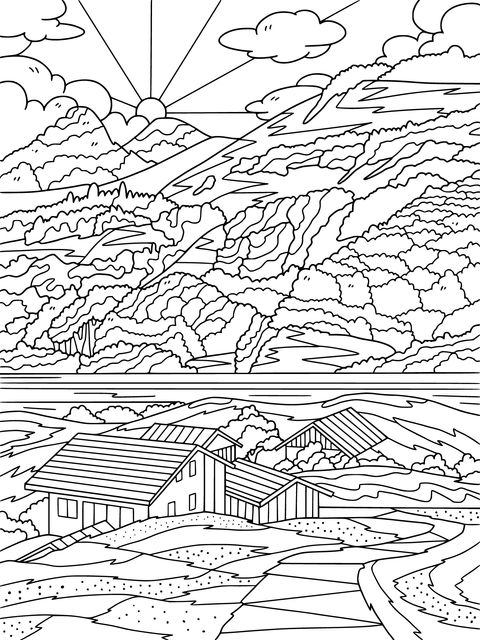 Página para colorir de paisagem rural: montanhas, lago e casinhas