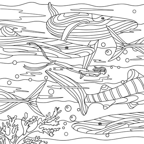 Ocean Creatures and Diver Coloring Page