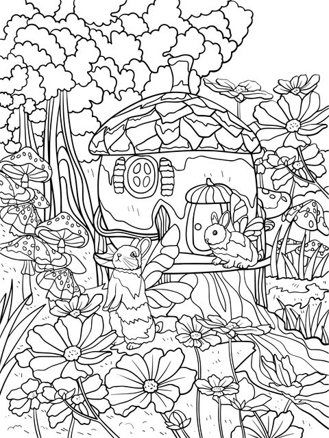 Fairytale - style Mushroom House and Animals Coloring Page