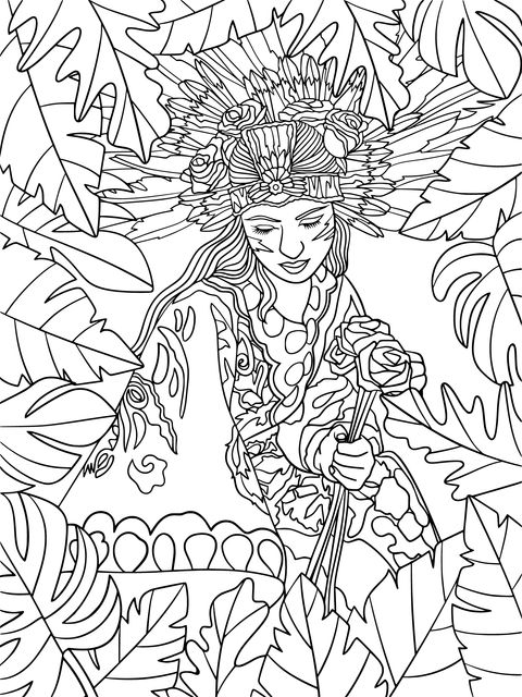 Flower - holding Woman in Jungle Coloring Page