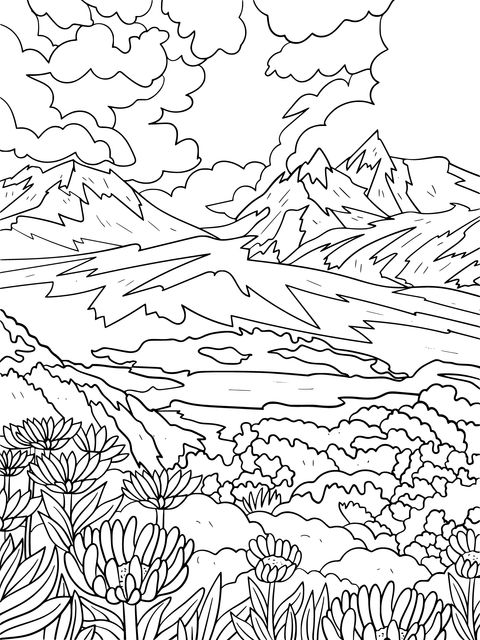 Beautiful Mountain and Flower Coloring Page