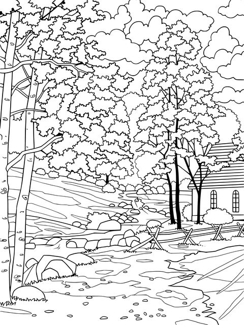 Autumn Countryside Landscape Coloring Page