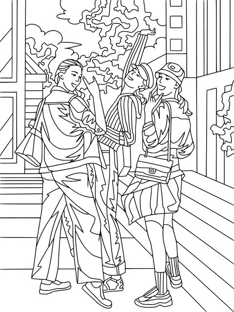 Coloring Page of Three Friends Interacting Outdoors