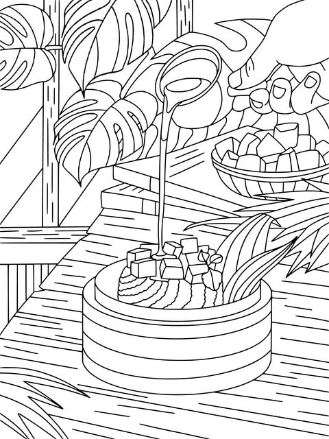 Hand - drawn Coloring Page of Mango Sticky Rice Preparation