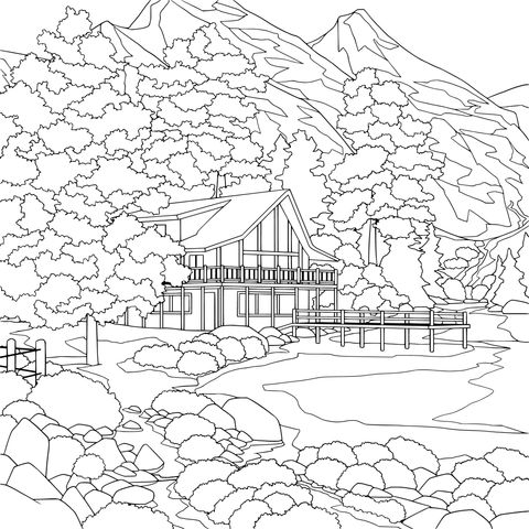 Winter Lakeside Cabin Landscape Coloring Page