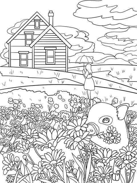 Rural Scenery Coloring Page: Pig, Girl and Log - house