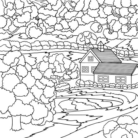 Springtime Countryside Landscape Coloring Page