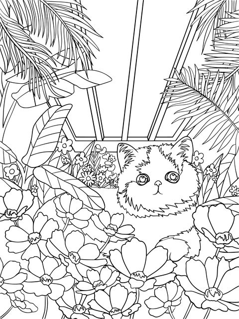 Cat, Flower and Starry - Sky Coloring Page