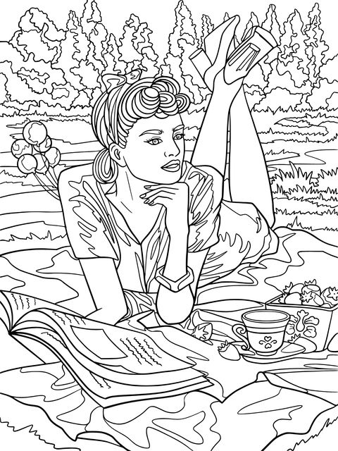 Coloring Page of a Lady Enjoying Picnic Time