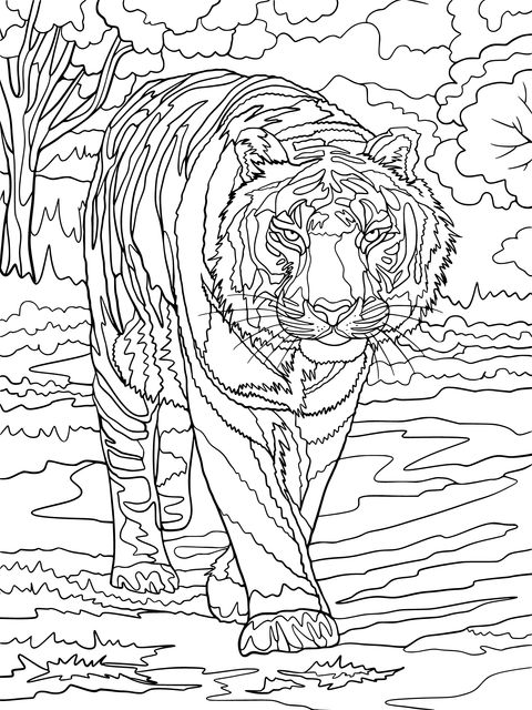 Tiger - themed Coloring Page: A Majestic Beast Wandering in the Jungle