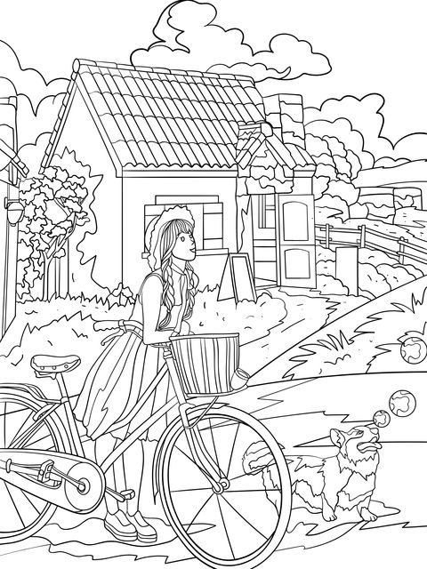 Coloring Page of a Girl Cycling with a Pet Dog in the Countryside