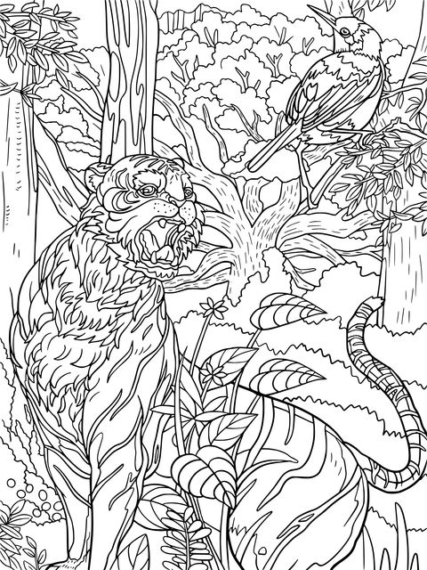 Tiger and Bird in the Forest Coloring Page