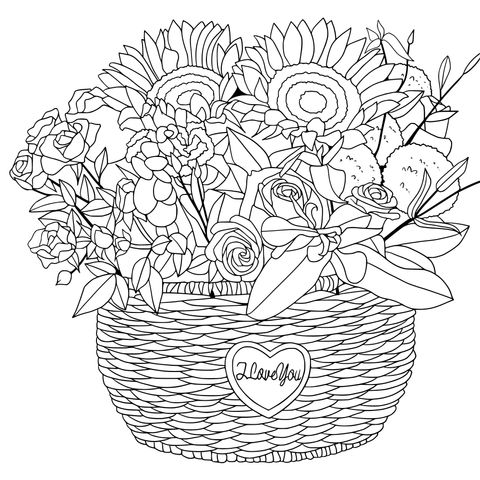 Flower Basket Coloring Page: Colorful Flowers and Loving Wishes