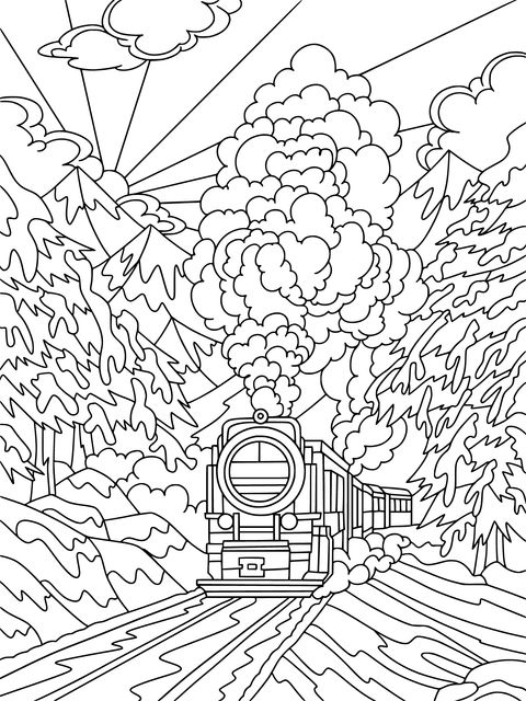 Winter Steam Train Landscape Coloring Page