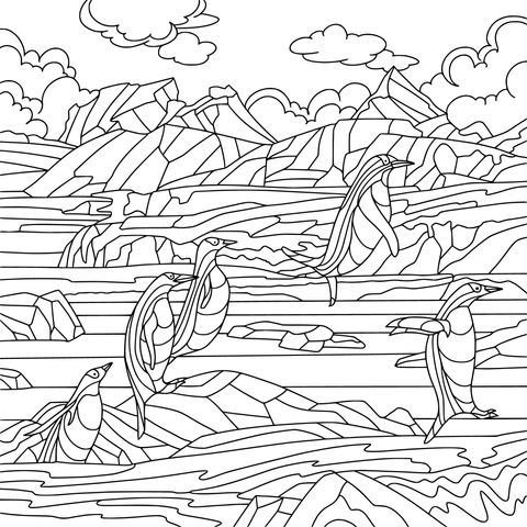 Penguins Playing Among Glaciers Coloring Page