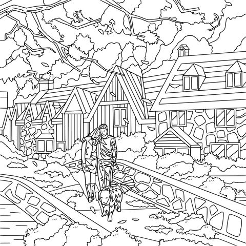 Autumn Couple Walking Dog Coloring Page