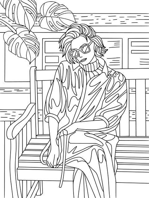 Fashionable Character Coloring Page: Trendy Person on a Bench