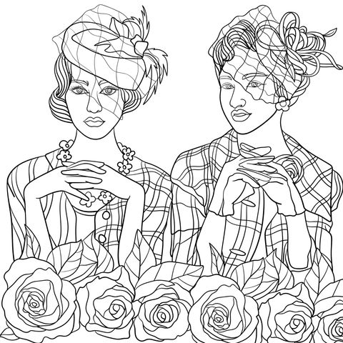 Vintage Fashionable Ladies Coloring Page