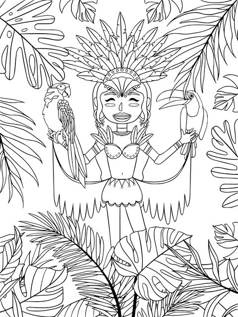 Coloring Page of an Indigenous Girl and Tropical Birds