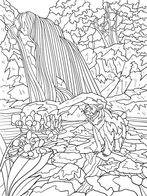 Coloring Page of a Brown Bear in a Waterfall - Forest Scene