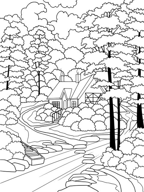 Forest Cottage Landscape Coloring Page