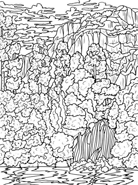 Nature Scenery Coloring Page: Waterfall and Mountains