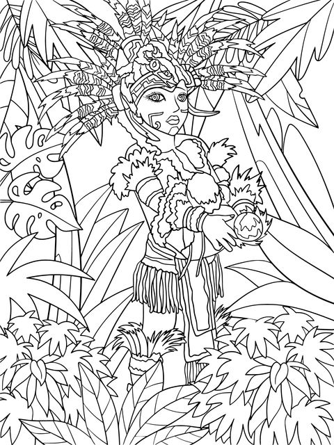 Coloring Page of an Indigenous Figure in the Jungle