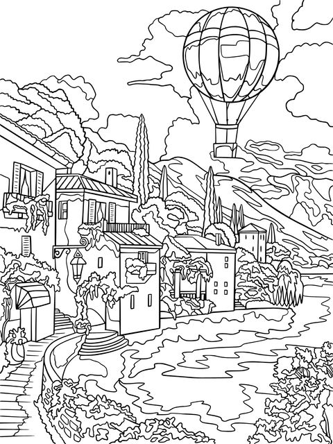 Coloring Page of a Riverside Town under a Hot - air Balloon